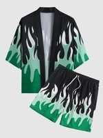 Ensemble de Kimono Ouvert en Avant en Blocs de Couleurs Motif de Flamme avec Short de Plage Taille unique Vert profond