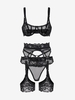 Ensemble de Lingerie Anneau en Dentelle Transparente Insérée en Résille avec Jarretelle S Noir