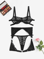Ensemble de Lingerie Bague en O en Résille avec Jarretelle L Noir