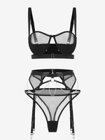 Ensemble de Lingerie Chaîne en Tulle avec Jarretelle en Métal à Armature L Noir