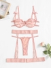Ensemble de Lingerie Cœur Brodé en Dentelle avec Nœud Papillon S Rose clair