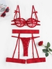 Ensemble de Lingerie Cœur Brodé en Dentelle avec Nœud Papillon S Rouge