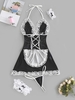 Ensemble de Lingerie de Femme de Ménage en Dentelle Insérée à Lacets 4 Pièces Taille unique Noir