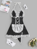 Ensemble de Lingerie de Femme de Ménage en Dentelle Insérée à Lacets 4 Pièces Taille unique Noir