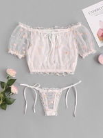 Ensemble de Lingerie en Maille Transparente Brodée de Grande Taille à Manches Bouffantes