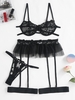 Ensemble de Lingerie Fendu Cœur avec Jarretelle à Volants M Noir