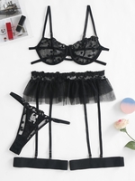 Ensemble de Lingerie Fendu Cœur avec Jarretelle à Volants M Noir