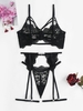 Ensemble de Lingerie Festonnée en Dentelle à Jambe Anneau avec Jarretelle L Noir