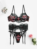 Ensemble de Lingerie Festonnée Fleuri Brodé avec Jarretelle M Noir