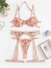 Ensemble de Lingerie Fleur Brodée à Chaîne avec Jarretière M Rose clair