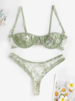 Ensemble de Lingerie Fleur Brodée en Maille Transparente à Armature S Vert