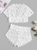 Ensemble de Lingerie Fleur Festonné Plongeant en Dentelle Transparente à Taille Haute L Blanc