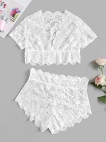 Ensemble de Lingerie Fleur Festonné Plongeant en Dentelle Transparente à Taille Haute L Blanc