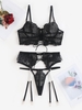 Ensemble de Lingerie Jarretelle Ceinturée à Lacets Transparent à Armature S Noir