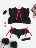 Ensemble de Lingerie Nouée en Mousseline à Volants L Noir