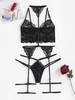 Ensemble de Lingerie Ras-du-cou en Dentelle Transparente avec Jarretelle L Noir
