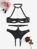 Ensemble de Lingerie Soutien-gorge à Chaîne Ouvert et Culotte en PU S Noir