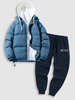 Ensemble de Manteau Doudoune à Capuche Matelassé et Pantalon de Survêtement Brodé en Laine avec Poches et Double Zip Taille unique Bleu