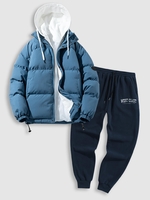 Ensemble de Manteau Doudoune à Capuche Matelassé et Pantalon de Survêtement Brodé en Laine avec Poches et Double Zip Taille unique Bleu