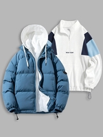 Ensemble de Manteau Matelassé à Blocs de Couleurs et Sweat-shirt à Lettre NEW YORK en Polaire Duveteux Taille unique Bleu