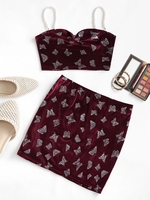 Ensemble de Mini Jupe Brillante Papillon en Fausse Perle en Velours M Rouge foncé
