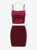 Ensemble de Mini Jupe Moulante à Bretelle à Paillettes et de Haut à Bretelle Taille unique Rouge foncé