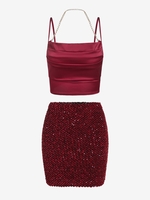 Ensemble de Mini Jupe Moulante à Bretelle à Paillettes et de Haut à Bretelle Taille unique Rouge foncé