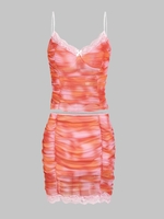 Ensemble de Mini Jupe Moulante Teintée en Dentelle Transparente Insérée à Volants S Rose clair