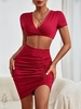 Ensemble de Mini Jupe Moulante Tordue à Volants S Rouge foncé