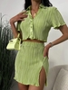 Ensemble de Mini Jupe Plissée Fente Latérale Dénuée à Col V L Vert clair