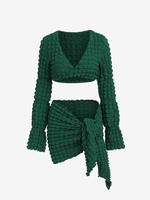 Ensemble de Mini Jupe Texturée Nouée à Manches Longues L Vert profond