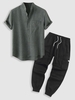 Ensemble de Pantalon Cargo à Cordon et Chemise Texturée en Coton et Lin avec Poche en Avant Taille unique Vert profond