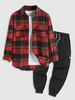Ensemble de Pantalon Cargo de Jogging Poche à Rabat et Surchemise Unisexe à Carreaux Taille unique Rouge foncé