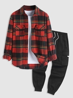 Ensemble de Pantalon Cargo de Jogging Poche à Rabat et Surchemise Unisexe à Carreaux Taille unique Rouge foncé