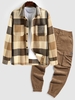 Ensemble de Pantalon Cargo et Surchemise Motif à Carreaux en Laine Mélangée et de Poches Taille unique Café