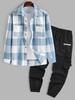 Ensemble de Pantalon Cargo Motif de Lettre à Carreaux Imprimé et Surchemise en Laine Mélangée Multi-Poches Taille unique Bleu clair