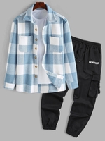 Ensemble de Pantalon Cargo Motif de Lettre à Carreaux Imprimé et Surchemise en Laine Mélangée Multi-Poches Taille unique Bleu clair