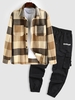 Ensemble de Pantalon Cargo Motif de Lettre à Carreaux Imprimé et Surchemise en Laine Mélangée Multi-Poches Taille unique Café