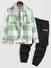Ensemble de Pantalon Cargo Motif de Lettre à Carreaux Imprimé et Surchemise en Laine Mélangée Multi-Poches Taille unique Vert clair