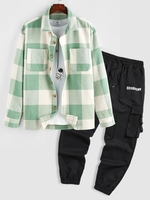 Ensemble de Pantalon Cargo Motif de Lettre à Carreaux Imprimé et Surchemise en Laine Mélangée Multi-Poches Taille unique Vert clair