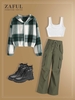Ensemble de Pantalon Cargo Parachute Côtelé à Carreaux en Laine 3 Pièces Taille unique Vert