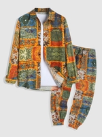 Ensemble de Pantalon de Jogging en Coton et Lin Bohémien Streetwear et Chemise Texturée Motif Géométrique Ethnique Taille unique Multi a