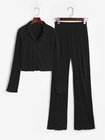Ensemble de Pantalon Droit à Ourlet Fendu à Col Revers M Noir