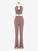 Ensemble de Pantalon Evasé Découpé Chiné à Ourlet Fendu à Lacets en Jersey Taille unique Café