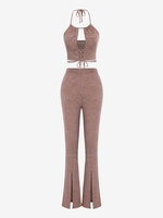 Ensemble de Pantalon Evasé Découpé Chiné à Ourlet Fendu à Lacets en Jersey Taille unique Café