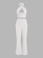 Ensemble de Pantalon Evasé Texturé à Col Halter Xl Blanc