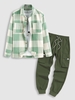 Ensemble de Pantalons Cargo Techwear et Surchemise Motif à Carreaux en Laine Mélangée avec Double Poches Taille unique Vert