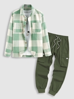 Ensemble de Pantalons Cargo Techwear et Surchemise Motif à Carreaux en Laine Mélangée avec Double Poches Taille unique Vert