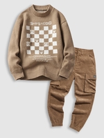 Ensemble de Pull-over Motif de Lettre et de Pantalon Cargo Multi-Poches Design en Velours Côtelé Taille unique Café