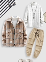 Ensemble de Pull Tricoté à Carreaux en Couleur Unie à Col Roulé et de Pantalon Cargo de Jogging 3 Pièces Taille unique Café lumière